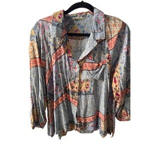 Christian Siriano Patchwork Floral Boho Blouse Women's Button Front Romantic Top